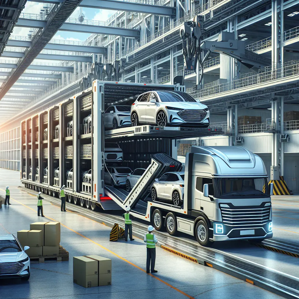 A realistic image of a car transport truck with luxury and classic cars in a depot setting.