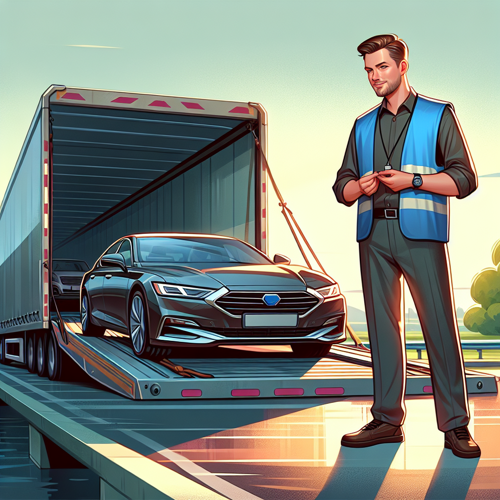 An auto transport expert managing a car transport trailer with various vehicles.