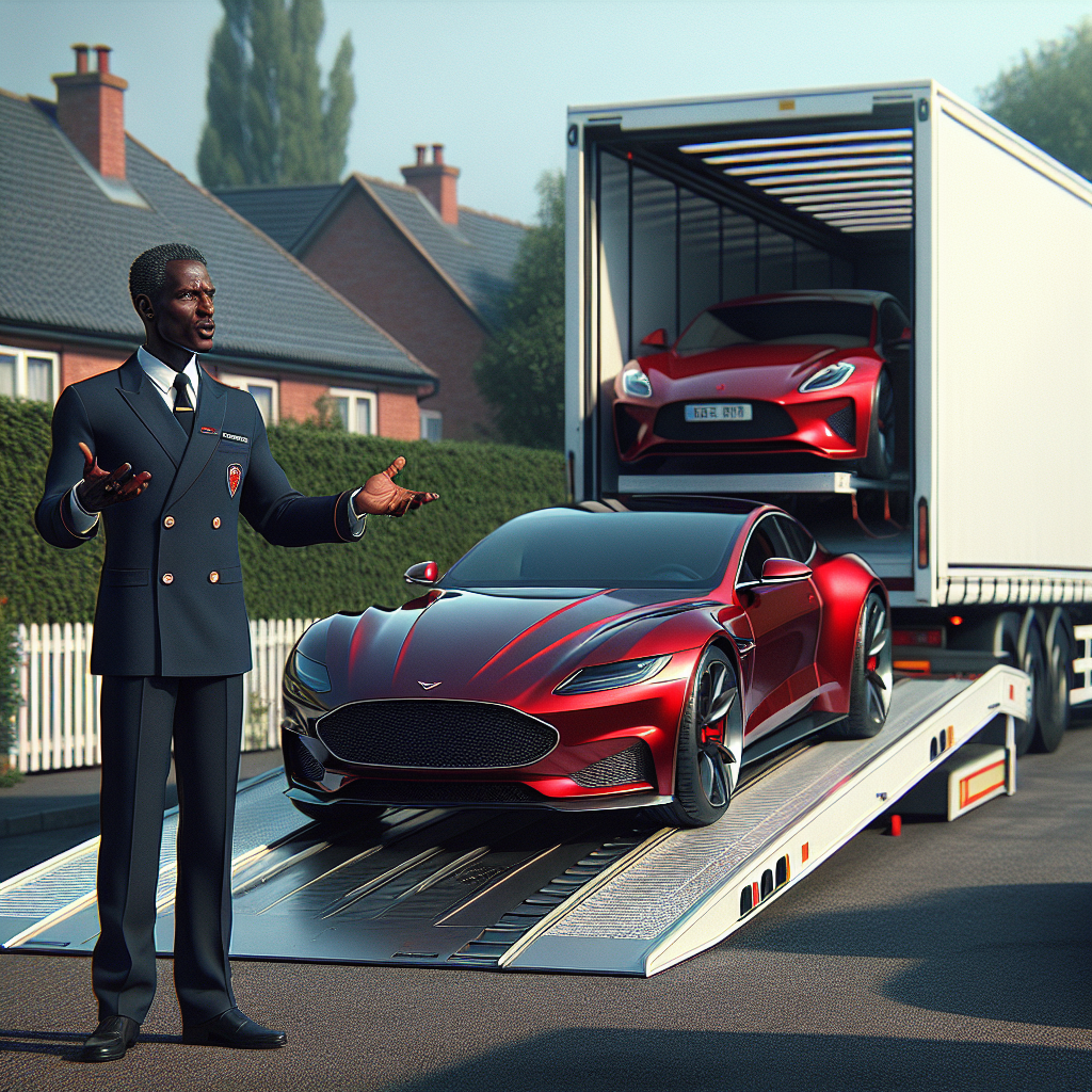 An auto transport expert inspecting a red sedan in a busy auto transport yard.