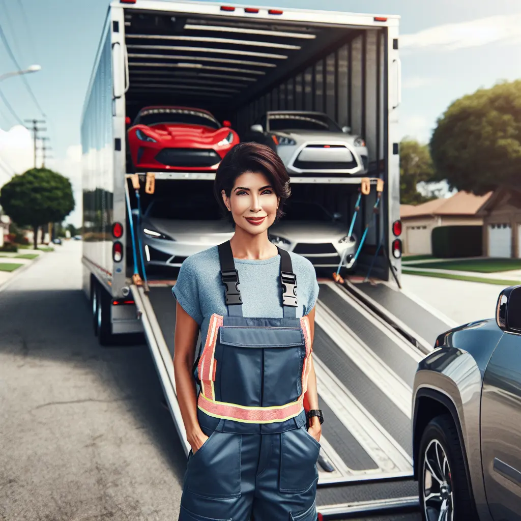 An auto transport expert inspecting a car on a carrier truck, with a highway and trees in the background.