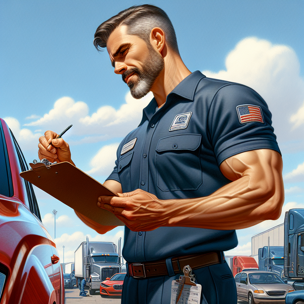 An auto transport expert supervising the loading of a car onto a transport truck.