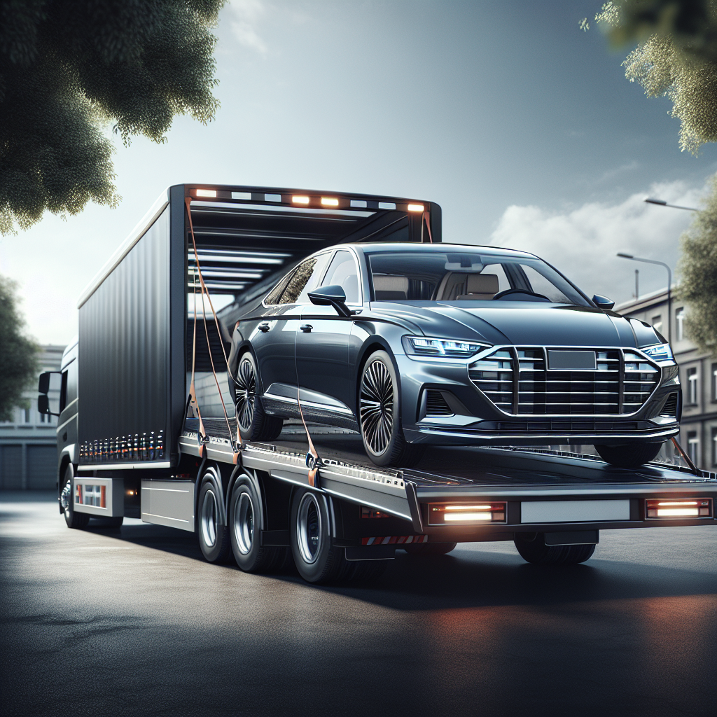 A car being loaded onto a flatbed truck for nationwide shipping in a suburban setting on a clear day.