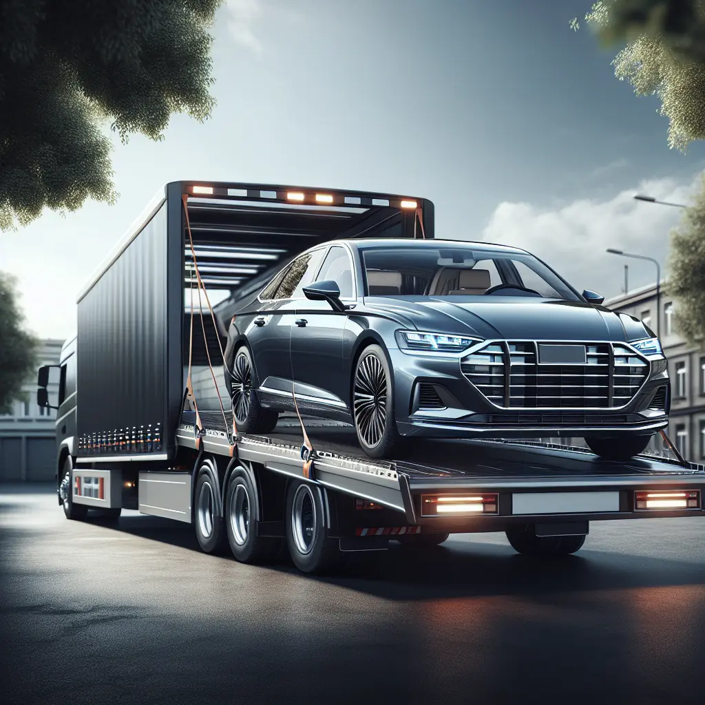 A car being loaded onto a flatbed truck for nationwide shipping in a suburban setting on a clear day.