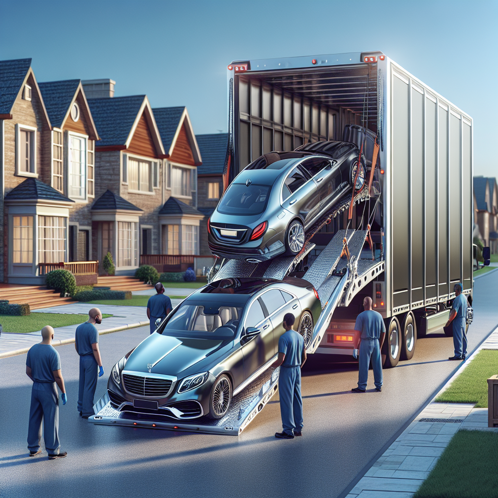 A car carrier truck on a highway at sunset, transporting cars, with a scenic landscape in the background.