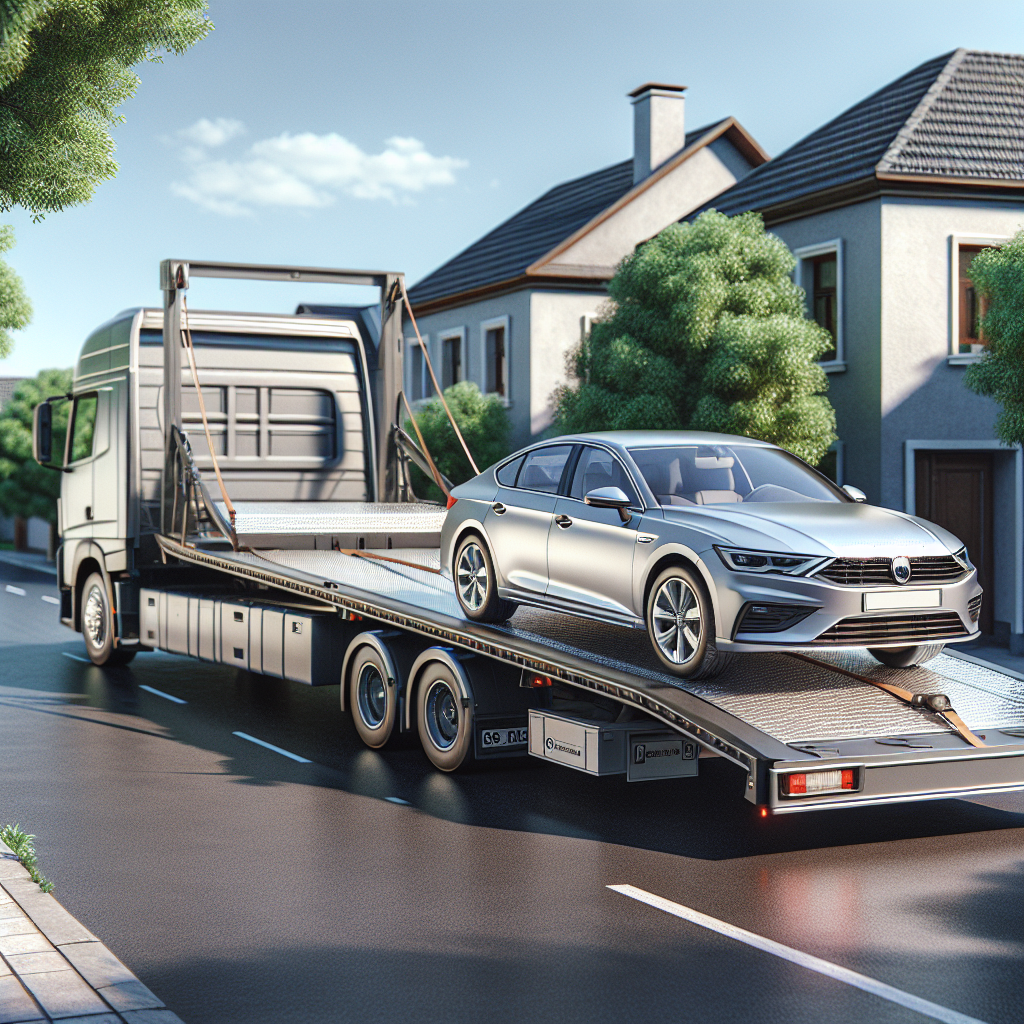 Car being loaded onto a flatbed truck for nationwide shipping.