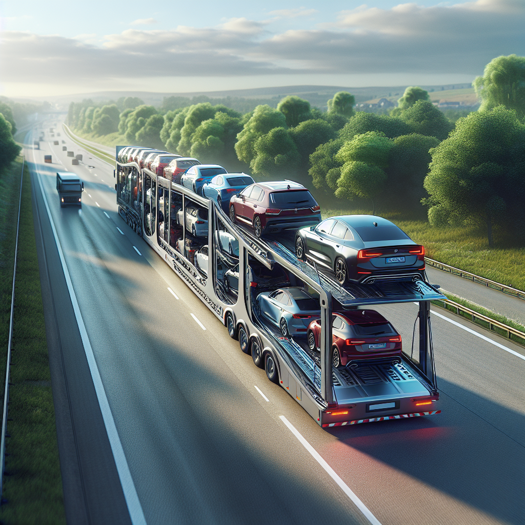 An open car transport trailer loaded with multiple cars on a highway during the day.