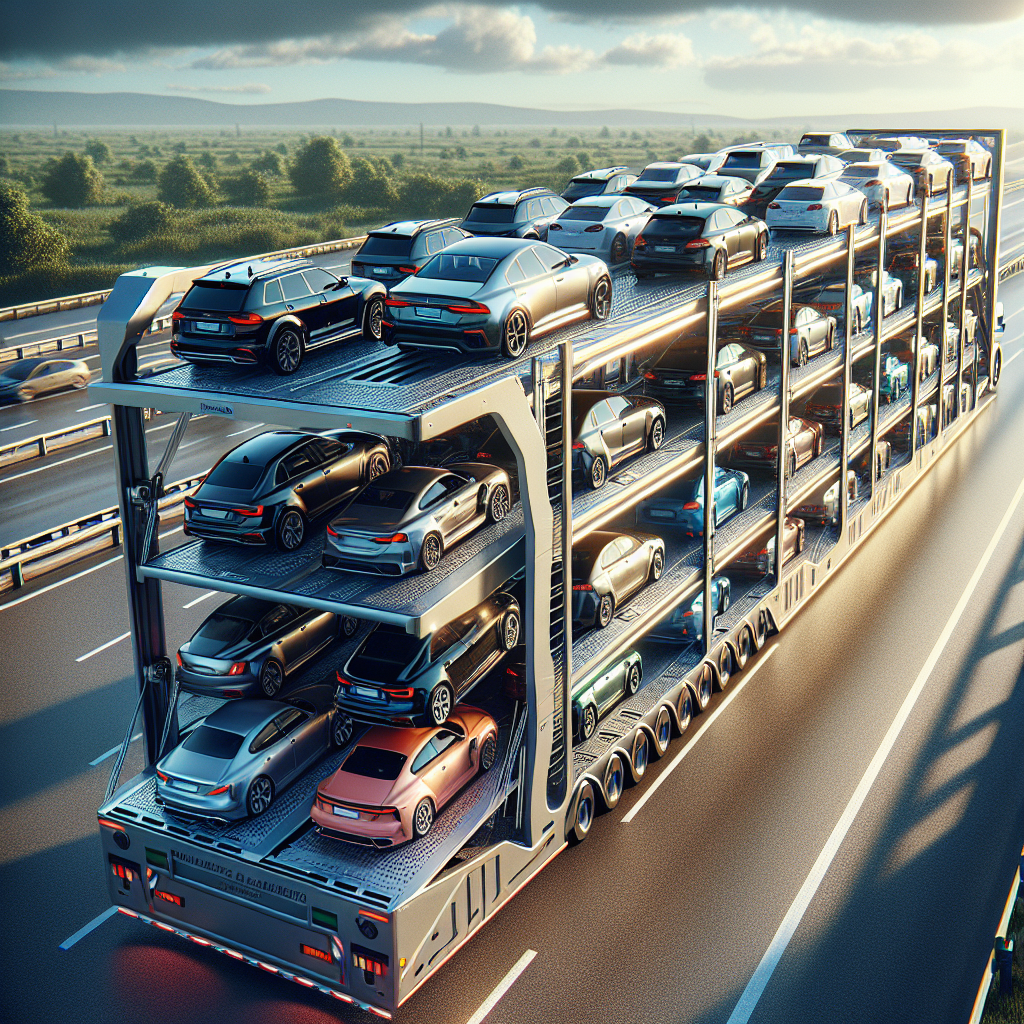 An open car transport trailer carrying multiple vehicles on a highway, showcasing the variety of cars it can accommodate.