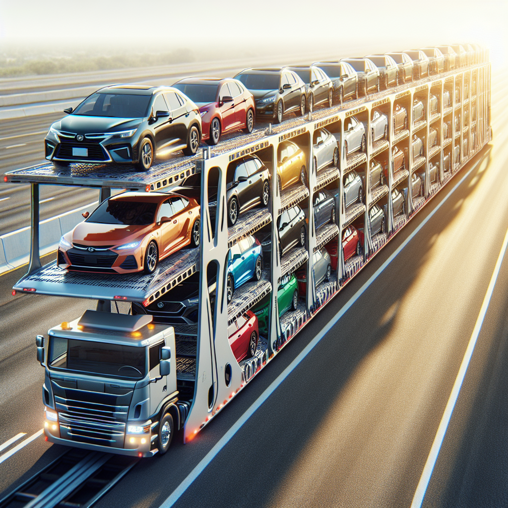 An open car transport trailer on a highway carrying multiple cars of various sizes and models.
