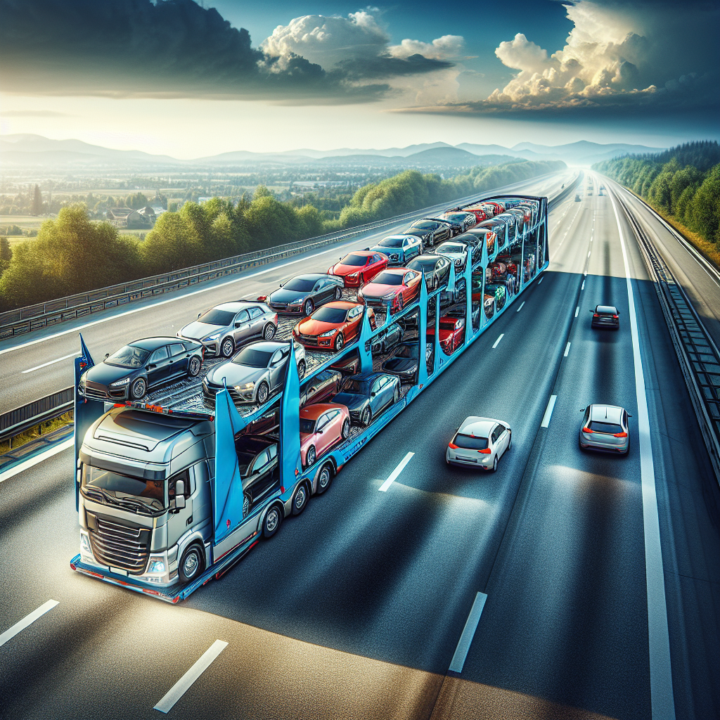 An open car transport trailer on a highway carrying multiple cars during daylight.