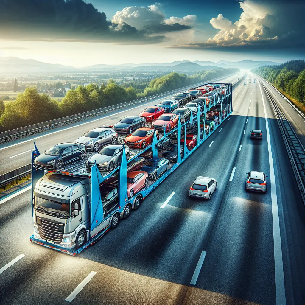 An open car transport trailer on a highway carrying multiple cars during daylight.