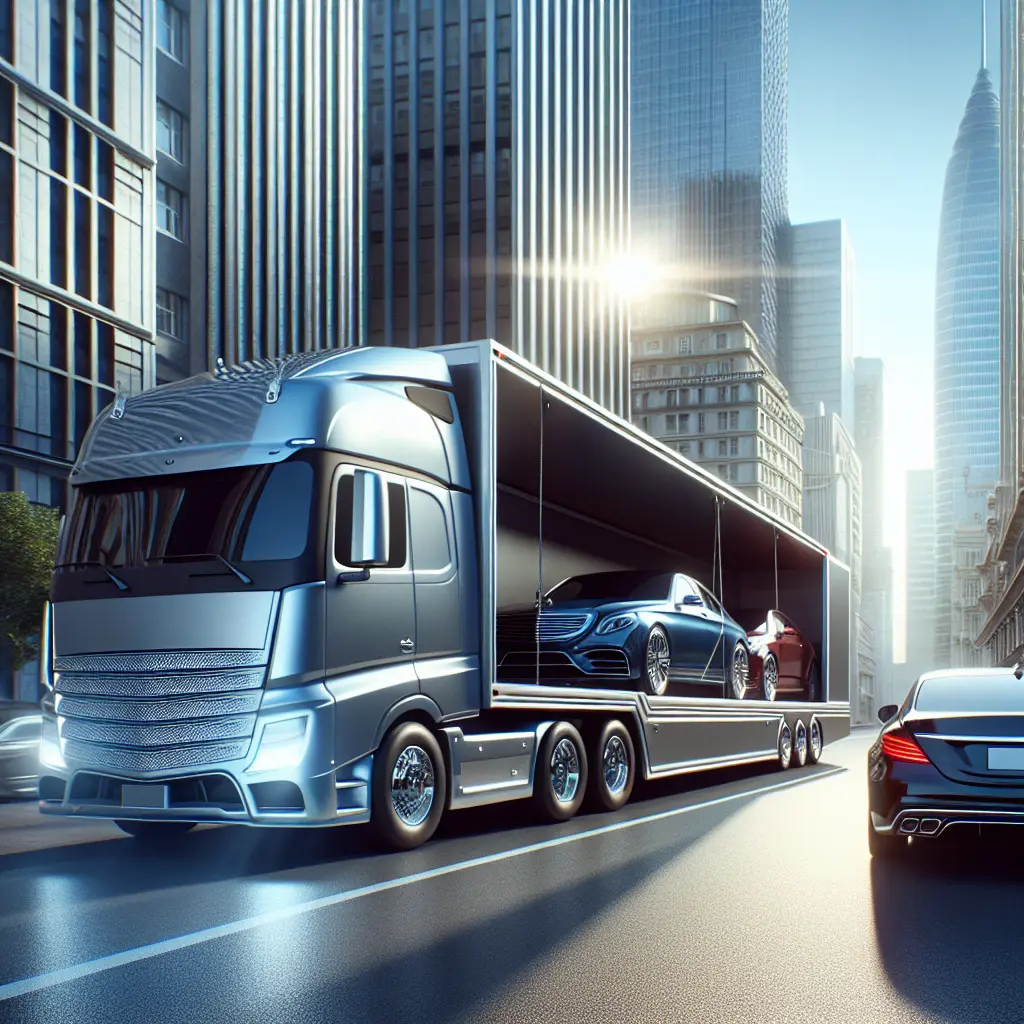 A car being loaded onto a modern auto transport truck.