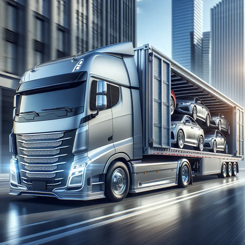 A modern transport truck with open and enclosed trailers picking up cars in a busy urban setting.