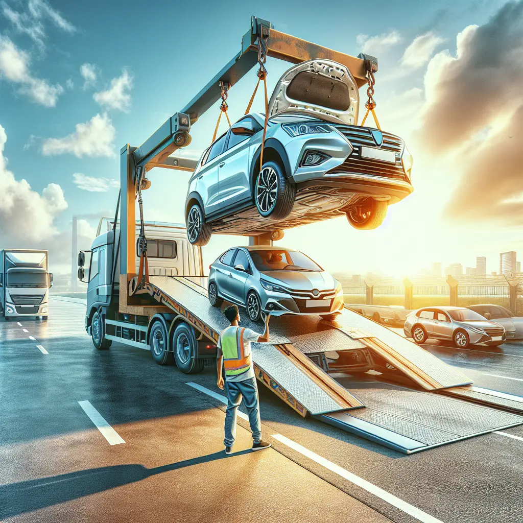 A vehicle being loaded onto a transport truck by a driver with a cityscape in the background.