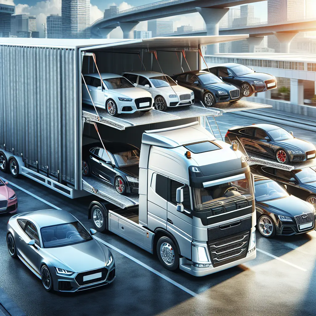 Modern truck with open and enclosed trailer transporting cars in an urban setting.