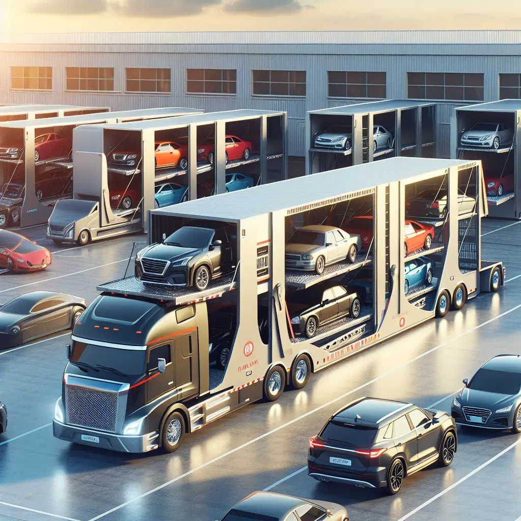 A blue sedan being loaded onto a multi-level auto transport truck on a clear day.