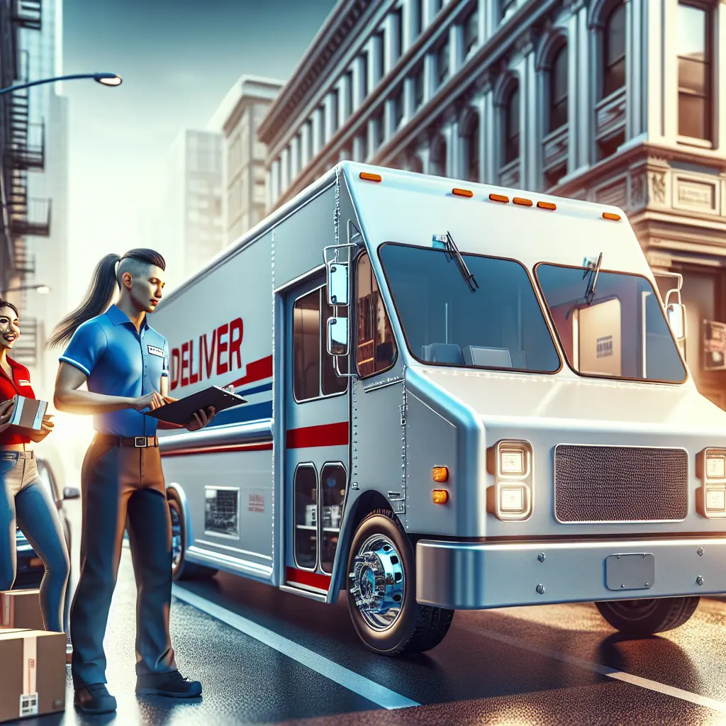 A busy urban scene with diverse delivery personnel and various delivery vehicles in action.