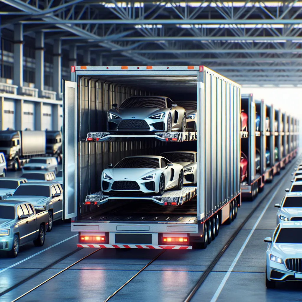 Automobile transport services with open and enclosed carriers, showing standard and luxury cars.