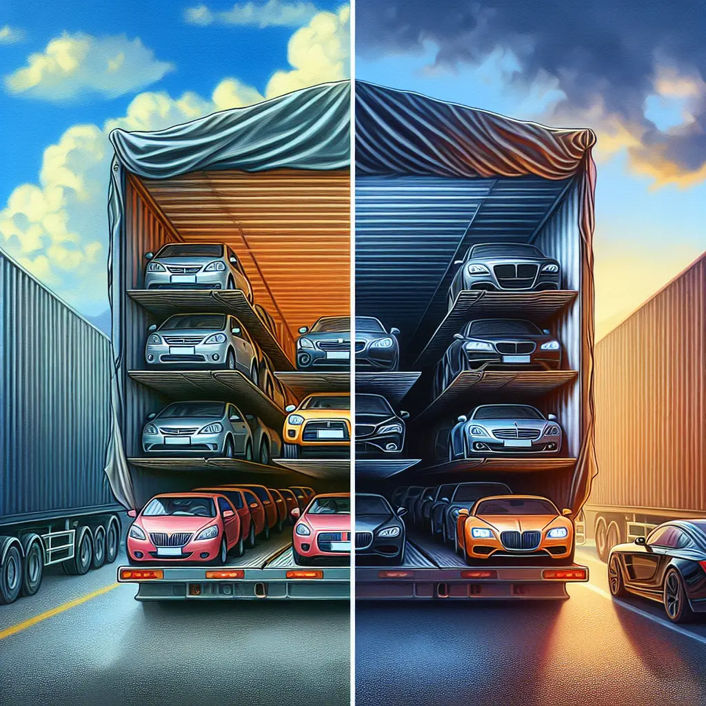 Open and enclosed automobile transport trucks on a highway, showcasing transport services.