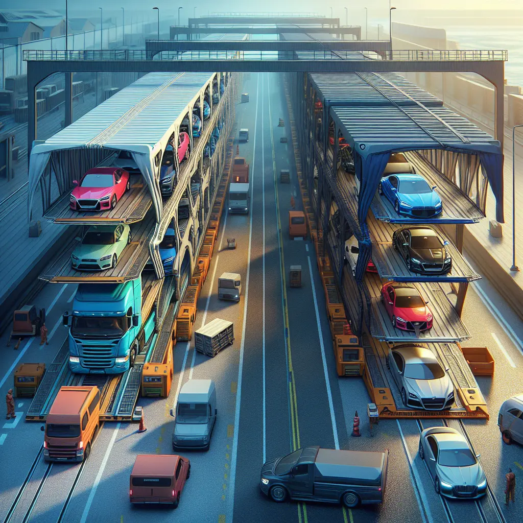 Automobile transport scene with open and enclosed carrier trucks.