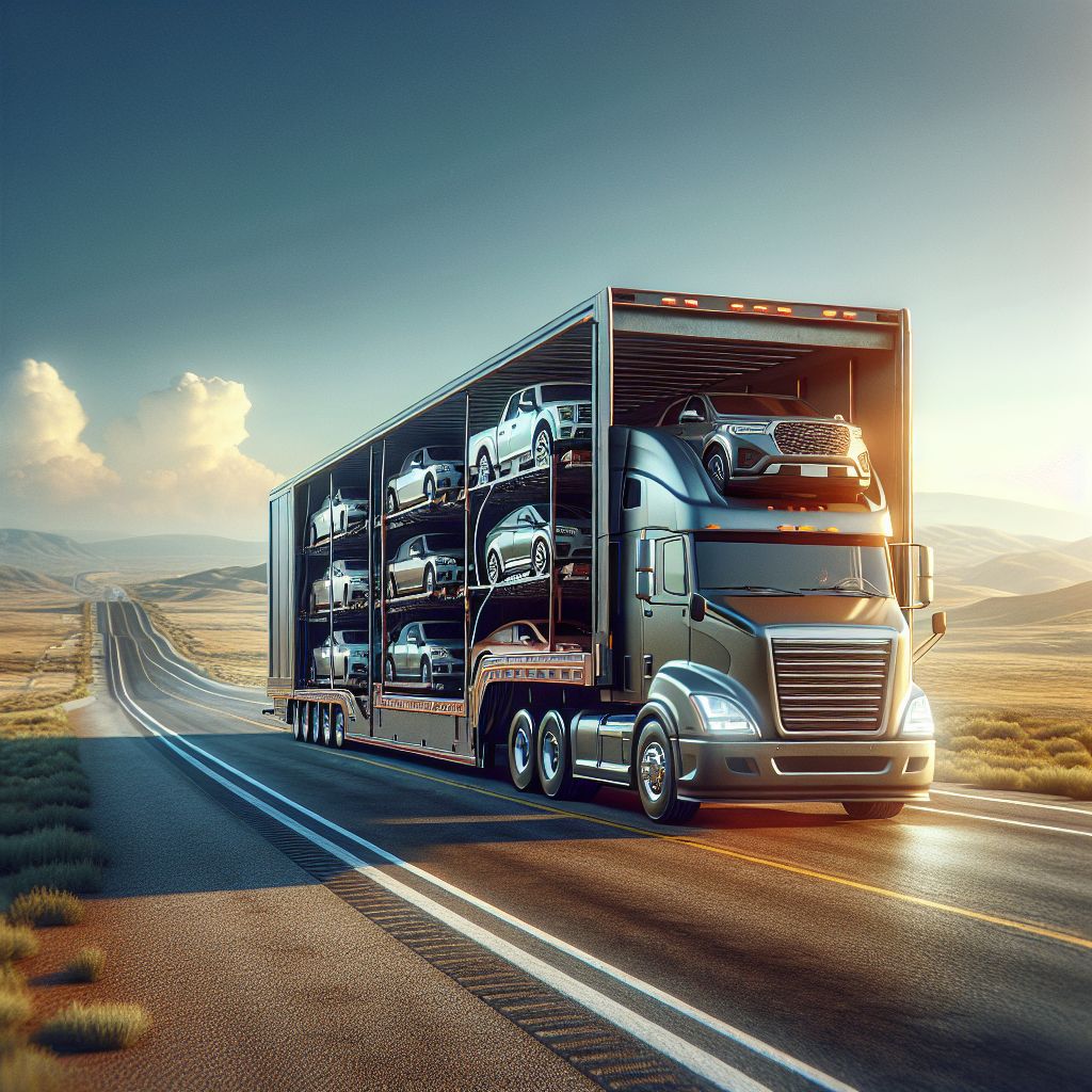 A car shipping company truck transporting multiple cars across an American landscape.