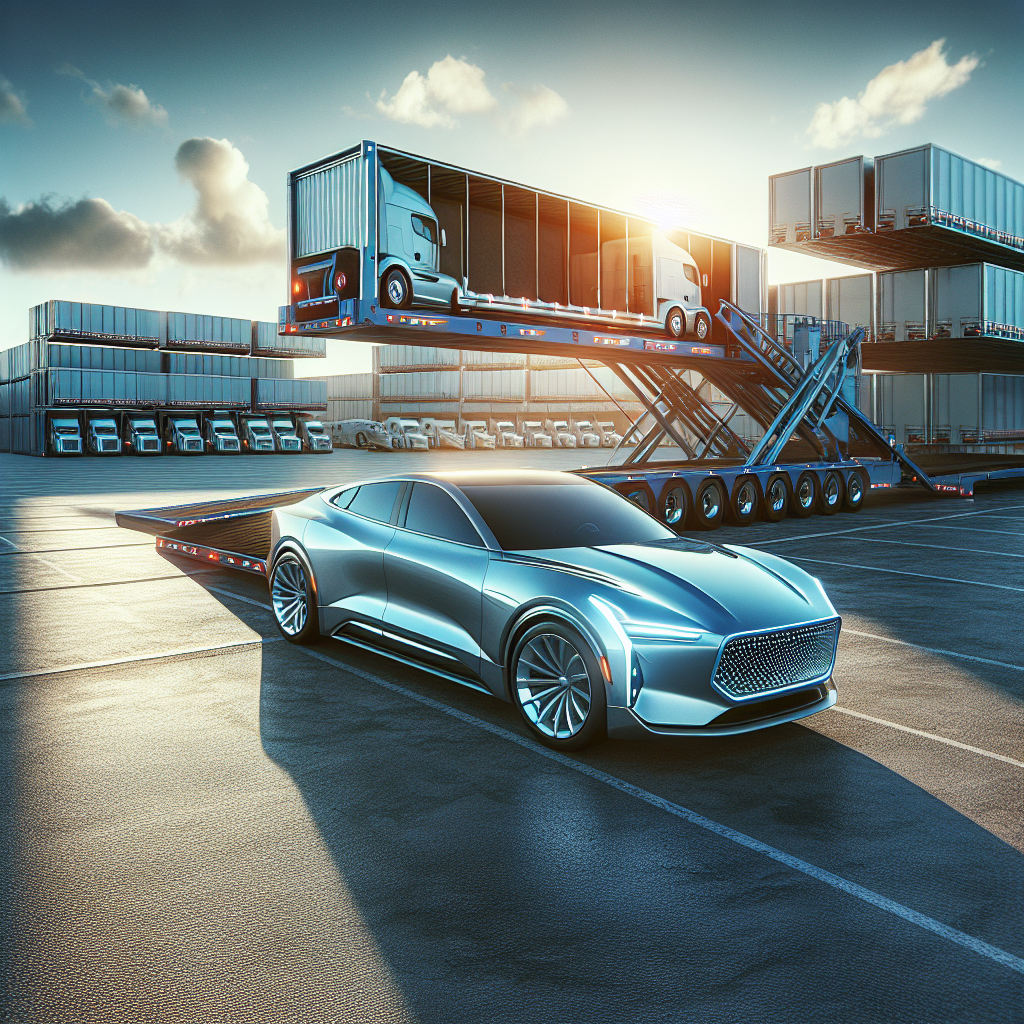 A realistic image of a car shipping truck with multiple cars, set in an American landscape.