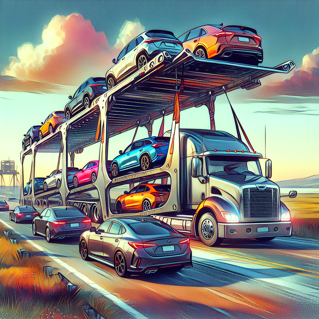 Car shipping truck with diverse cars on an open road, clear sky.