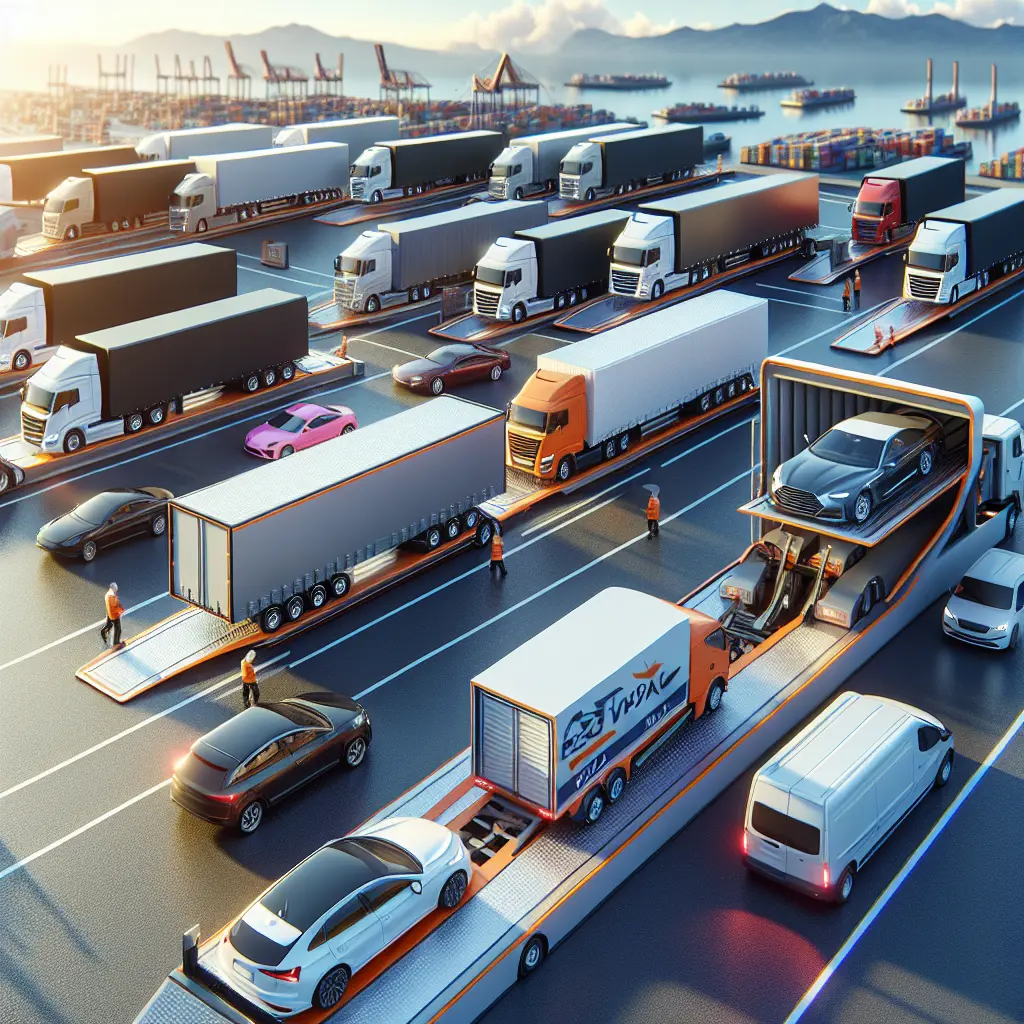 A vehicle shipping truck on a highway filled with various cars in different colors.