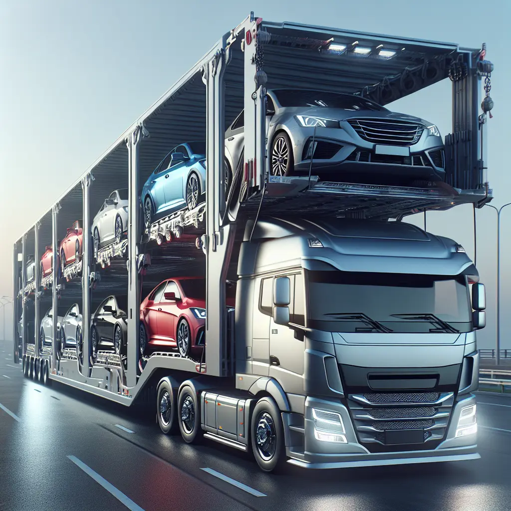 A transport truck loading a car onto its trailer in an urban setting.