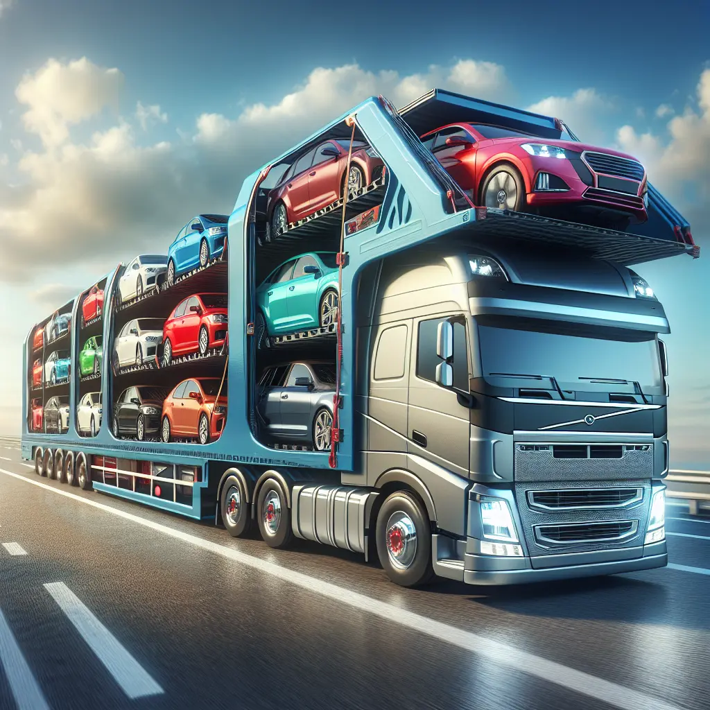 A realistic depiction of a professional vehicle shipping service in action, featuring various transport methods moving cars.