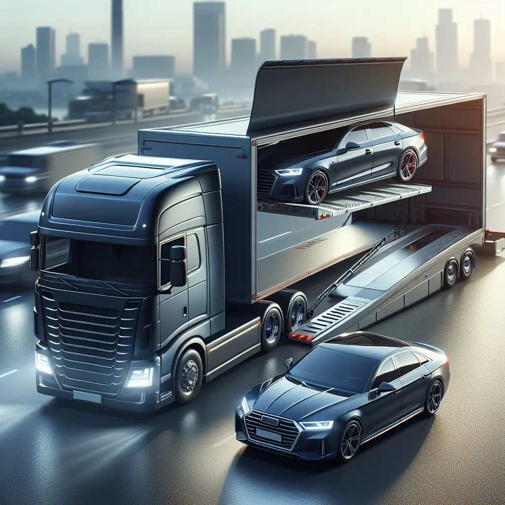 A realistic depiction of a vehicle shipping service with a truck loaded with cars on a highway.