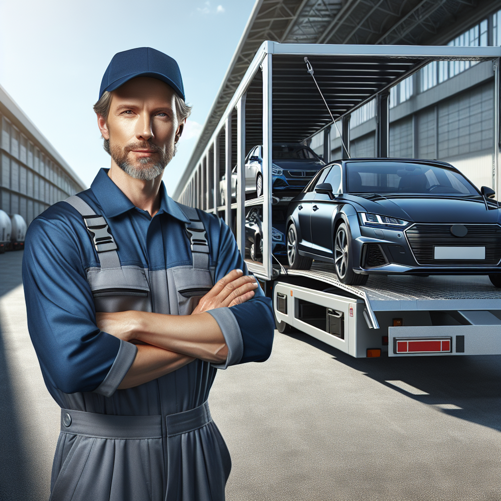 An experienced car shipper at a shipping yard, standing beside an SUV.