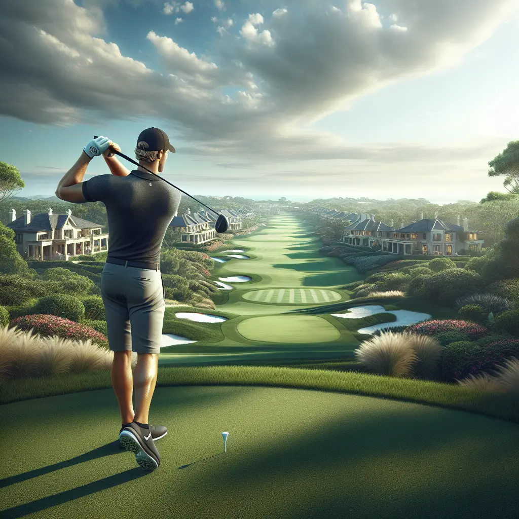 A luxurious golf course in an affluent neighborhood with green fairways and elegant mansions.