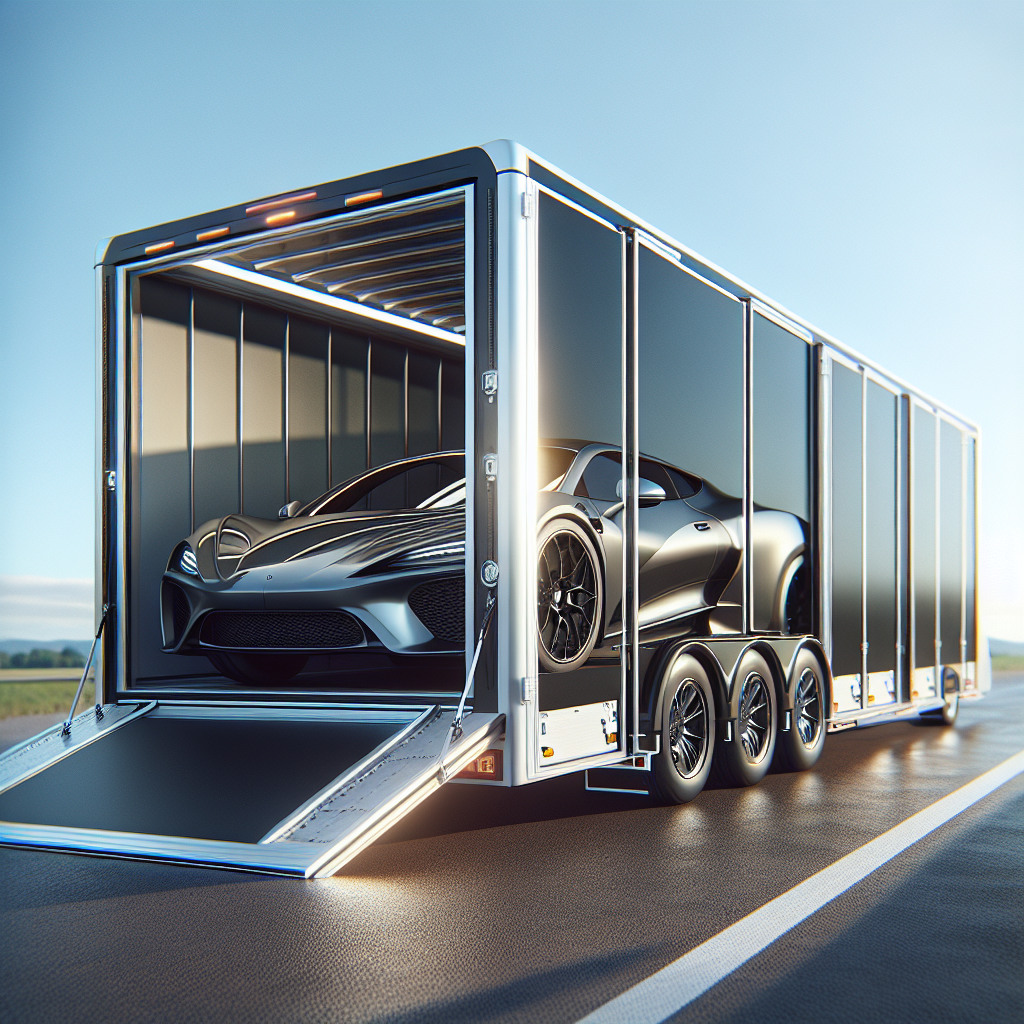 A classic car being loaded into an enclosed trailer for transport.