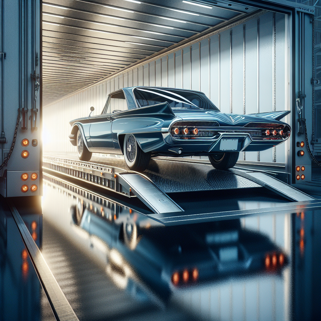 A luxury car being loaded into an enclosed car transport trailer in a professional transport yard.