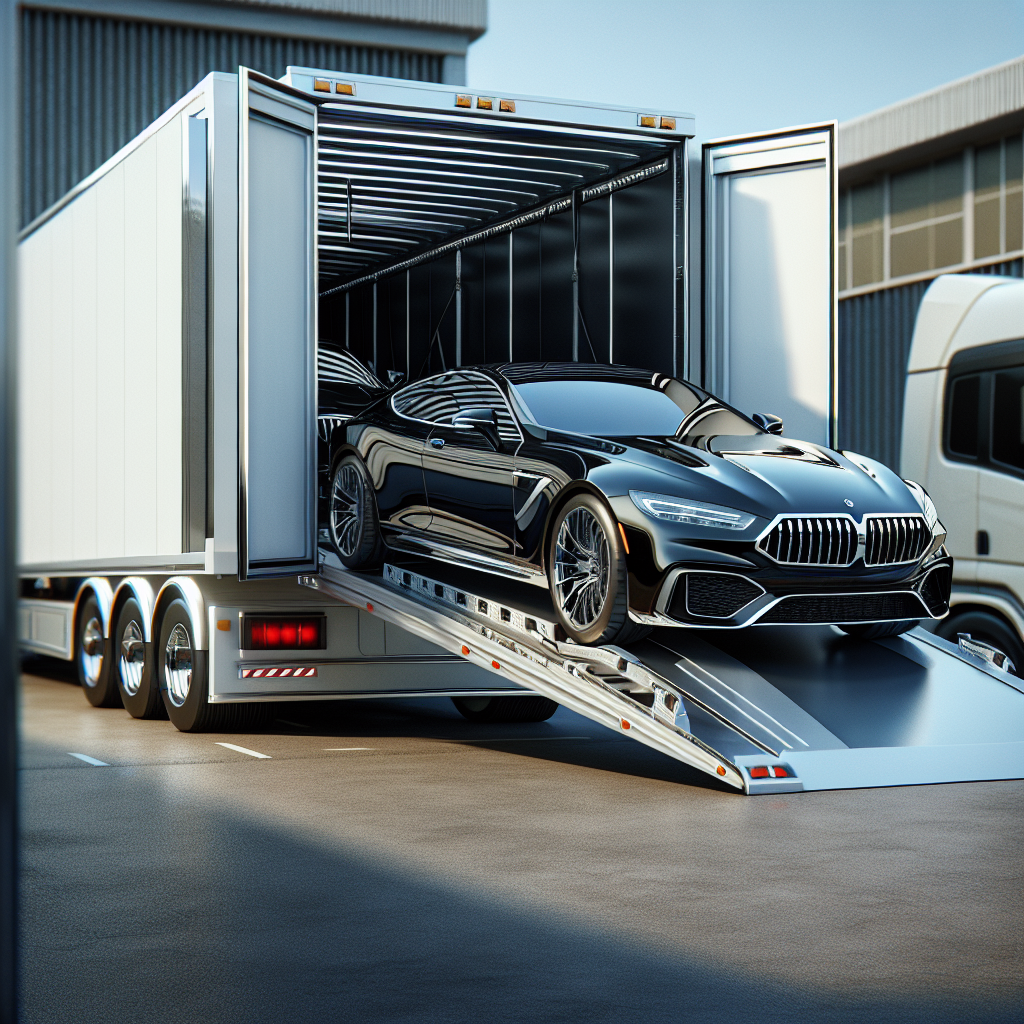 A luxurious car being loaded into a fully enclosed and sleek trailer, emphasizing security and protection.