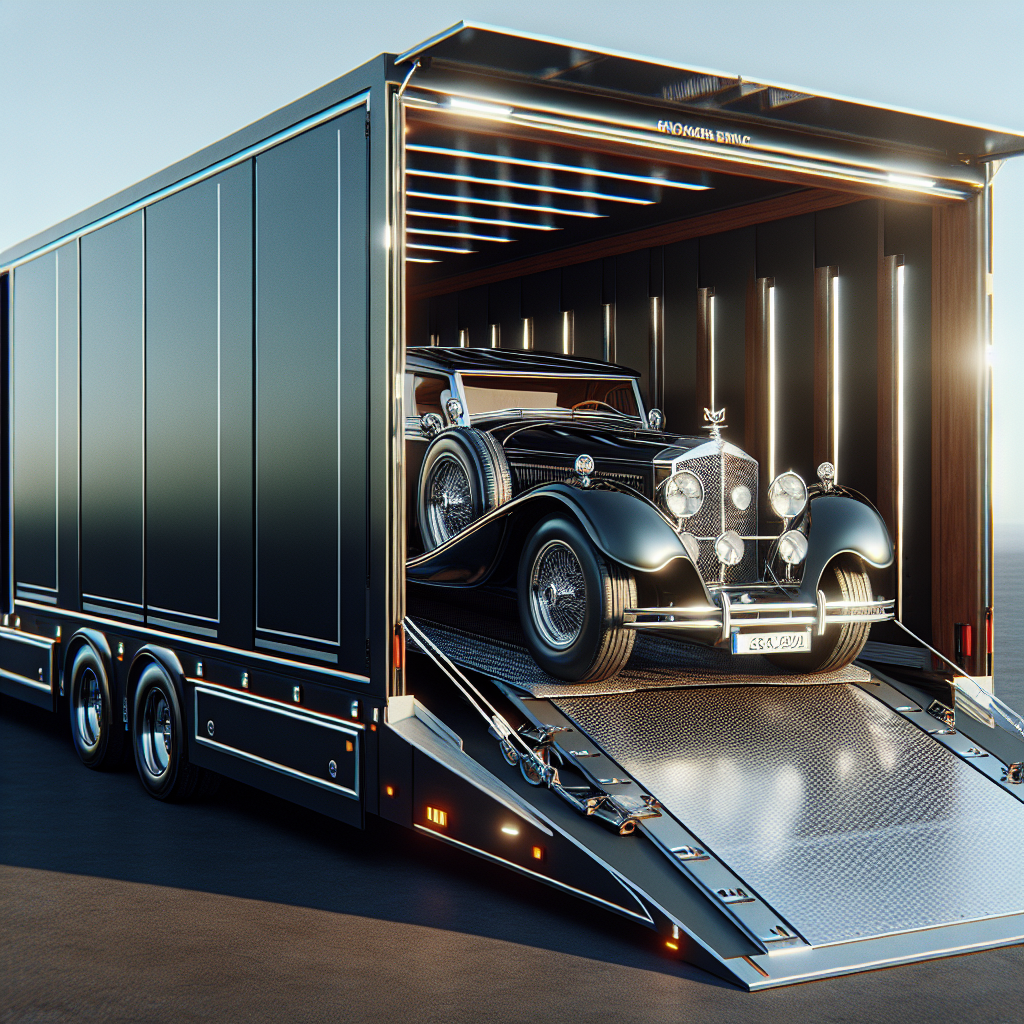A realistic image of an enclosed car transport trailer with a luxury car partially visible inside.