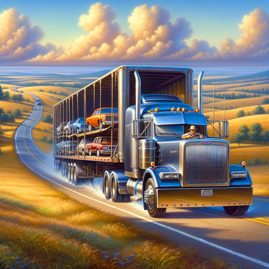 An experienced vehicle hauler next to a large transporter truck with cars.