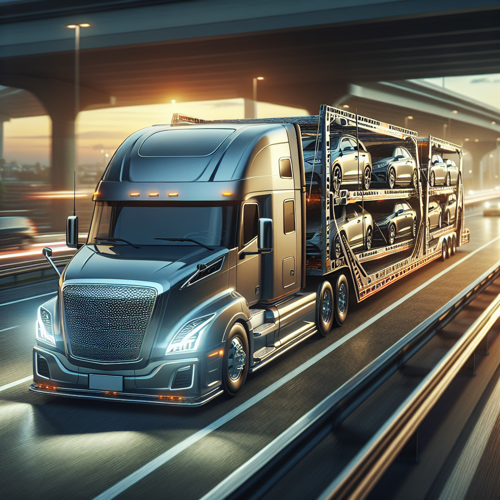 A realistic depiction of a vehicle hauler truck transporting luxury cars on an American highway.