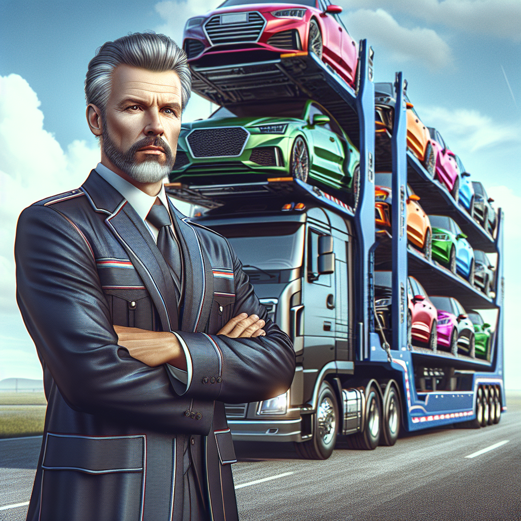 An experienced vehicle hauler transporting cars across a country road.