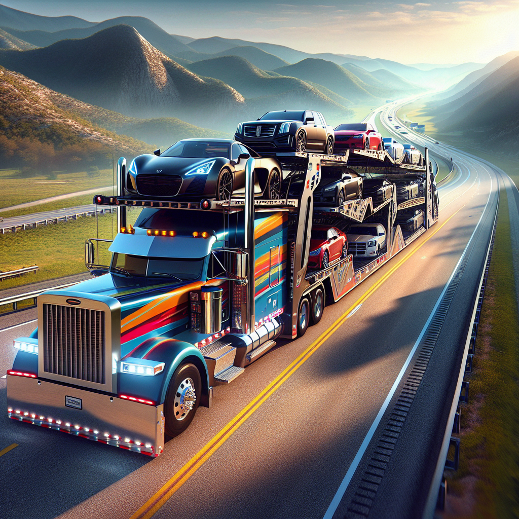 A realistic depiction of an experienced vehicle hauler transporting cars on a highway.