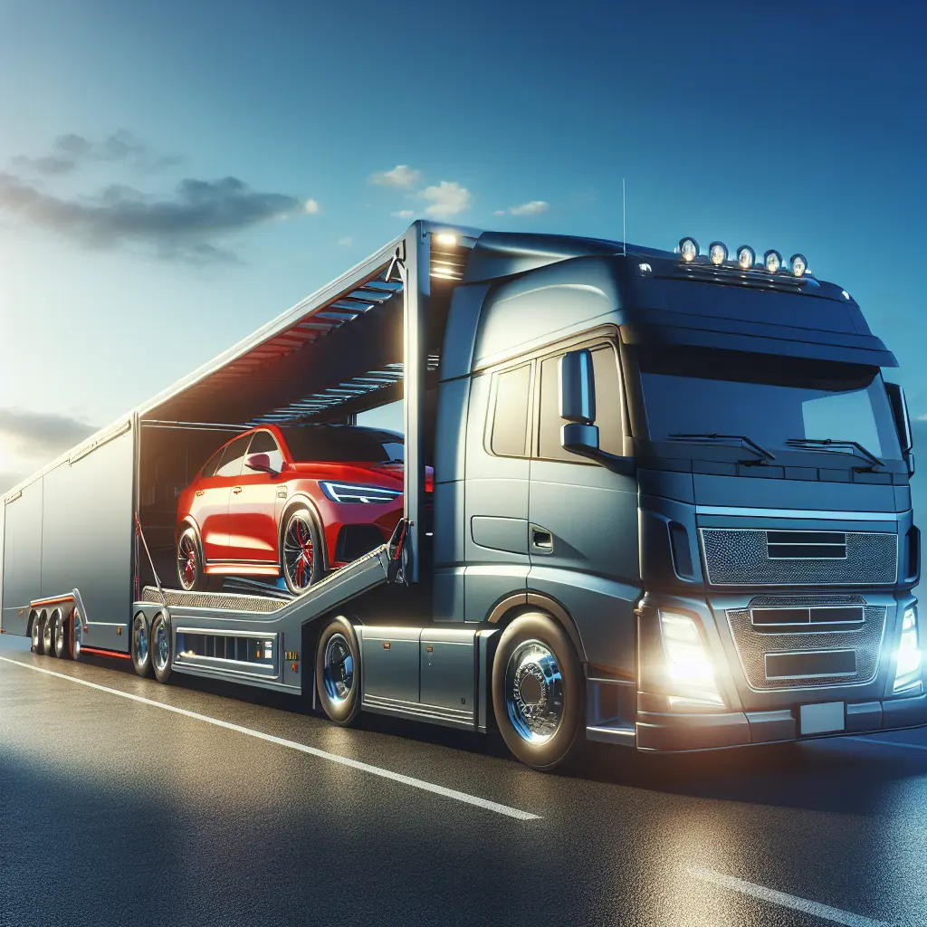 A realistic depiction of an auto transport scene with vehicles and a service provider representative.