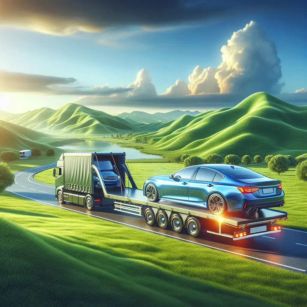 A dependable auto transport service with a black enclosed truck and a red sports car, set in a sunny landscape.