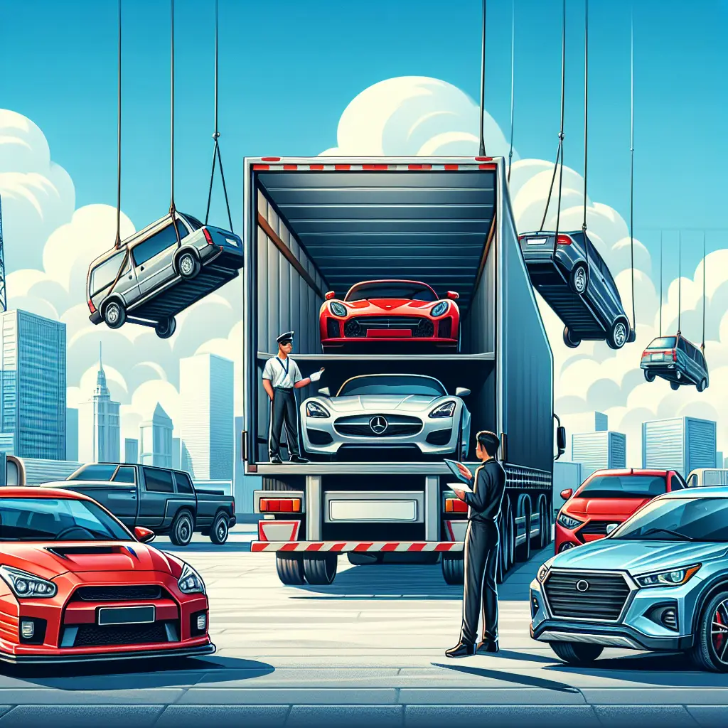 An auto transport scene with a truck and a shiny red car on board.