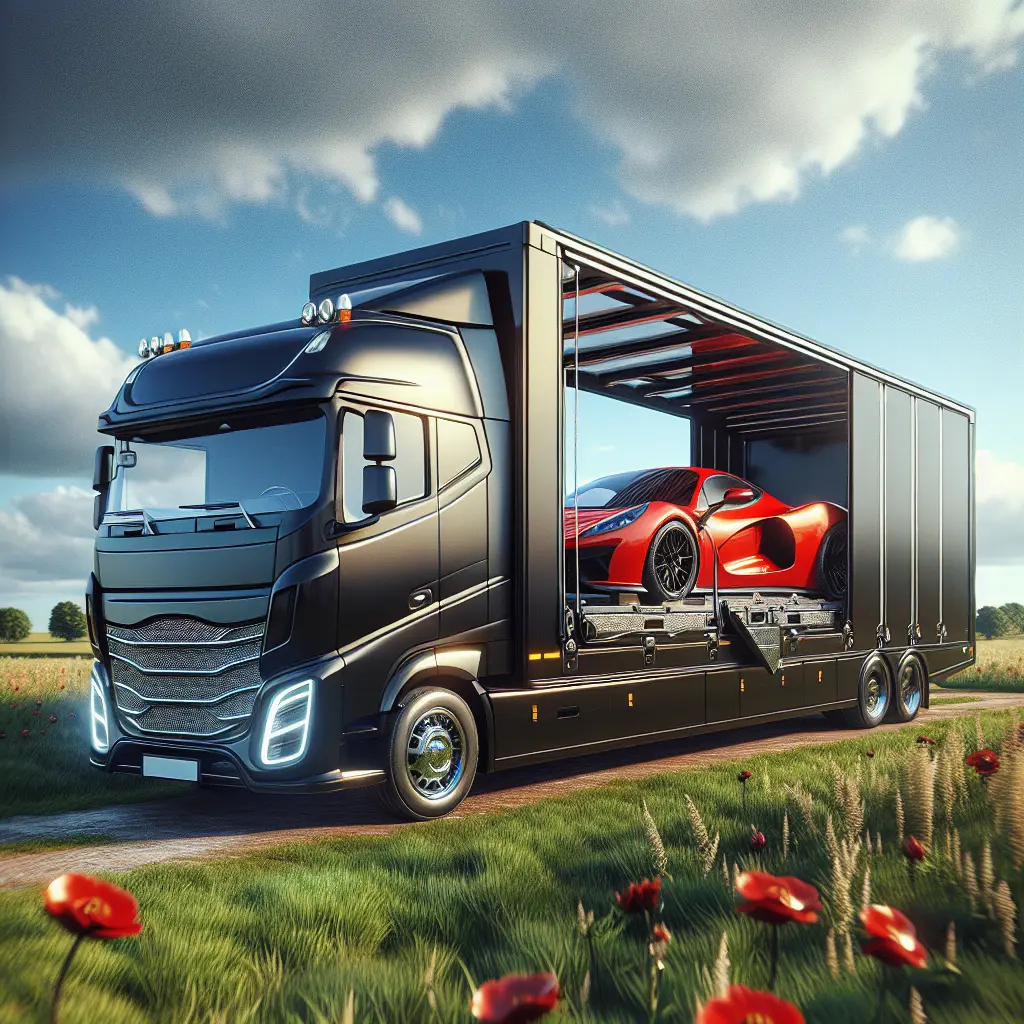 A serene auto transport scene with a blue sedan on an open transport truck against a green landscape and blue sky.