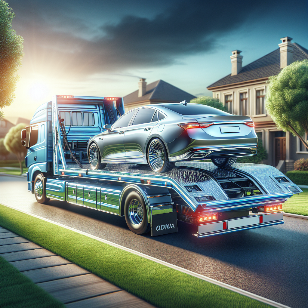 A car carrier truck transporting luxury cars on a sunny day.