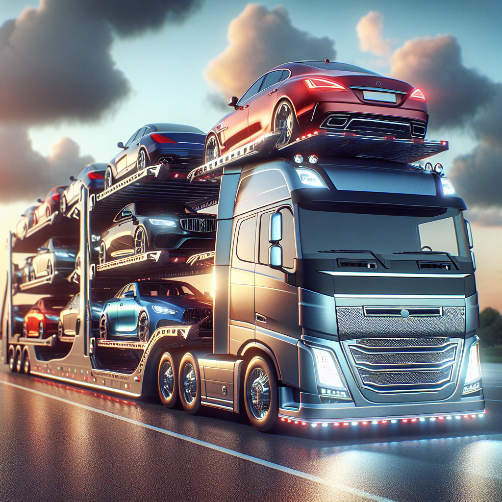 A realistic depiction of a car carrier transporting a shiny red sedan on an open highway.