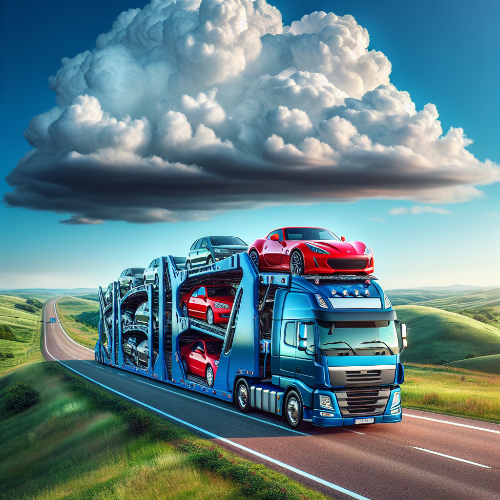 A professional car carrier truck with a luxury sedan loaded, set in a suburban neighborhood.