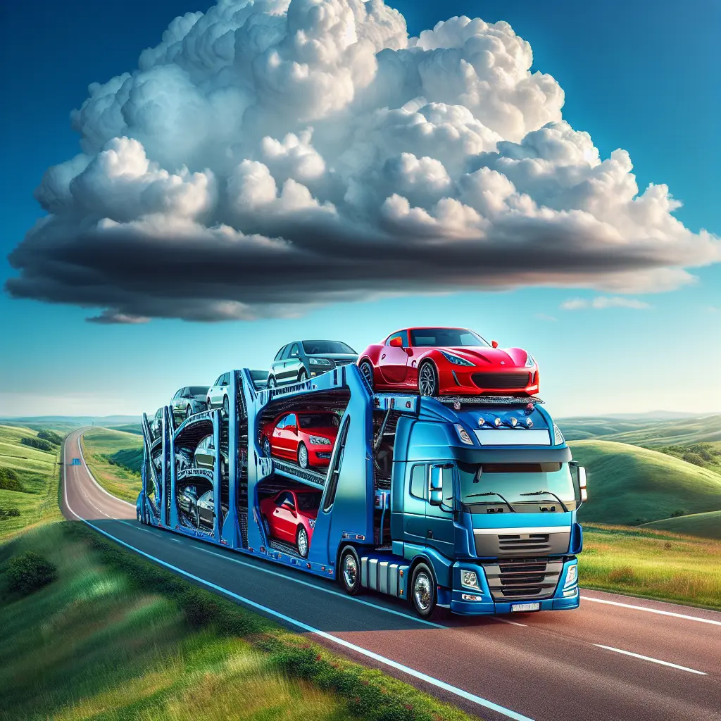 A professional car carrier truck with a luxury sedan loaded, set in a suburban neighborhood.